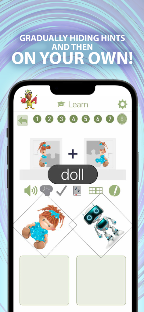 Language Learning ParryLingo - Interface of ParryLingo app showing a vocabulary game where kids match the word doll with an image using gradual hints.