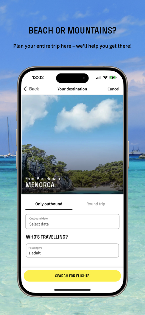 Vueling Airlines-Cheap Flights - Pantalla de la aplicación móvil Vueling Airlines para buscar vuelos de Barcelona a Menorca