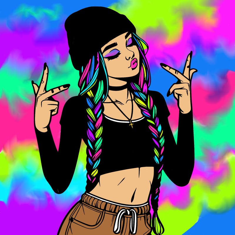 realistic teenage girl with braids and a beanie and crop top doing 🫶🏼