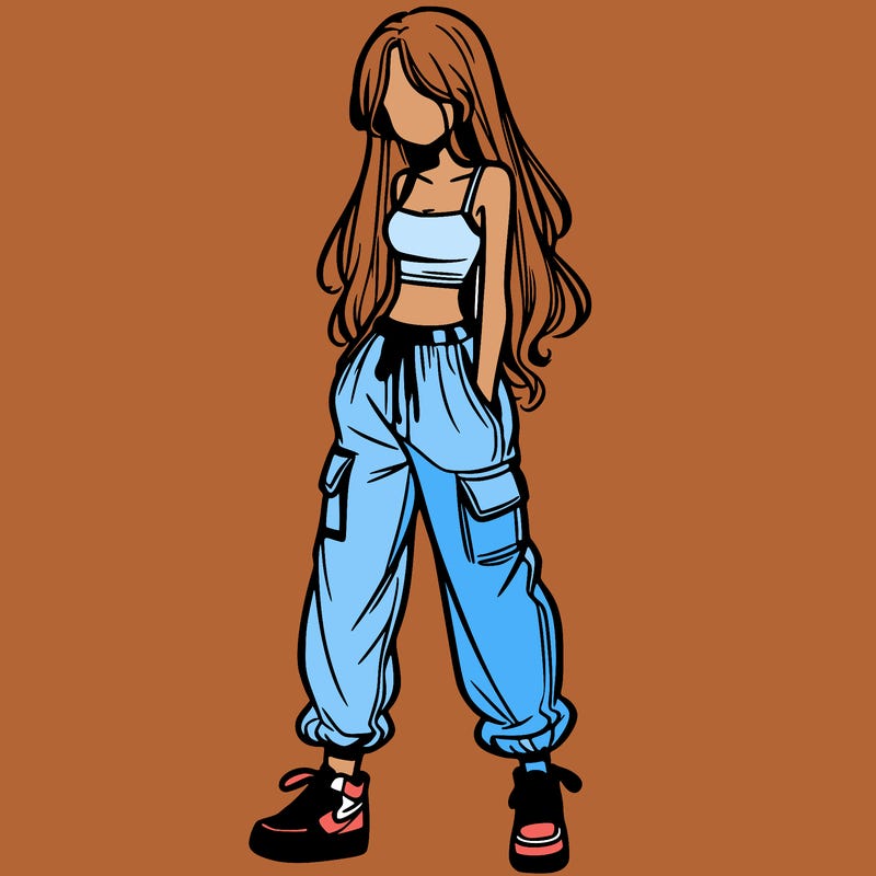 girl in baggy pants crop top and long hair