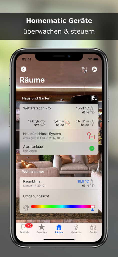Interfaz de la aplicación @Home para Homematic que muestra controles basados en habitaciones para clima, cerraduras e iluminación en un iPhone.