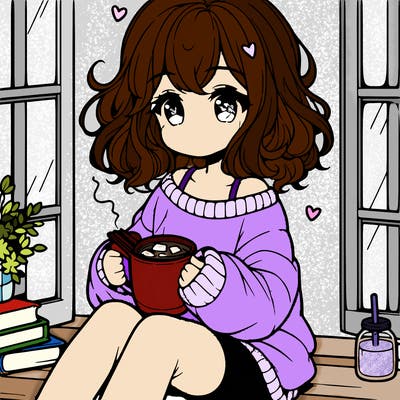 cute anime girl reading book and drinking hot chocolate from mug with loose wavy hair wearing a baggy sweatshirt and shorts sitting by windowsill looking out