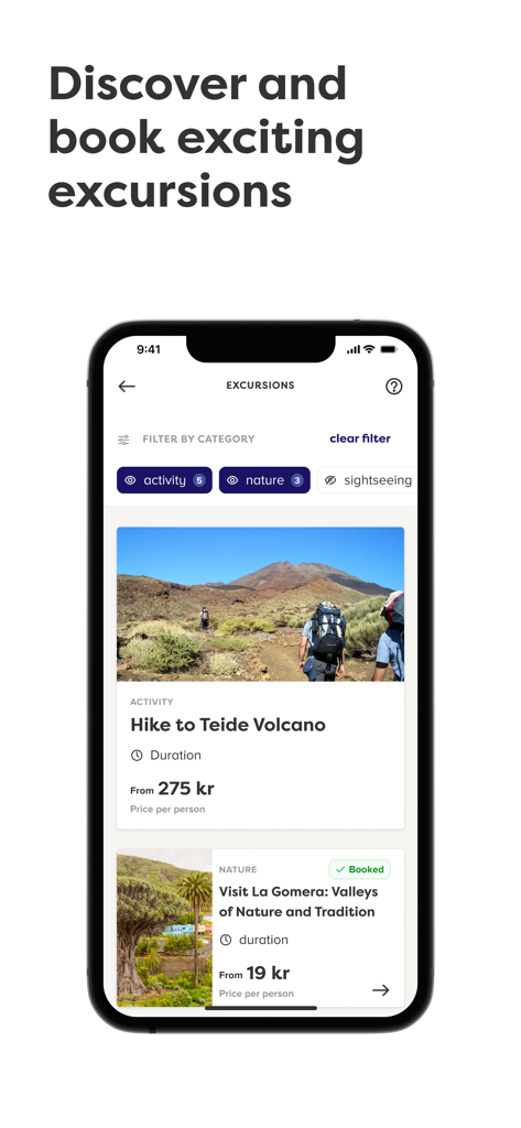 My Apollo - My Apolloアプリのモバイル画面。火山のハイキングや渓谷訪問などの様々な旅行ツアーと予約オプションが表示されています。