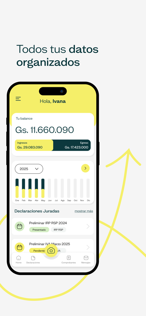 conto - Una pantalla de teléfono móvil que muestra el panel de la aplicación Conto con saldos financieros y estado de presentación de impuestos.
