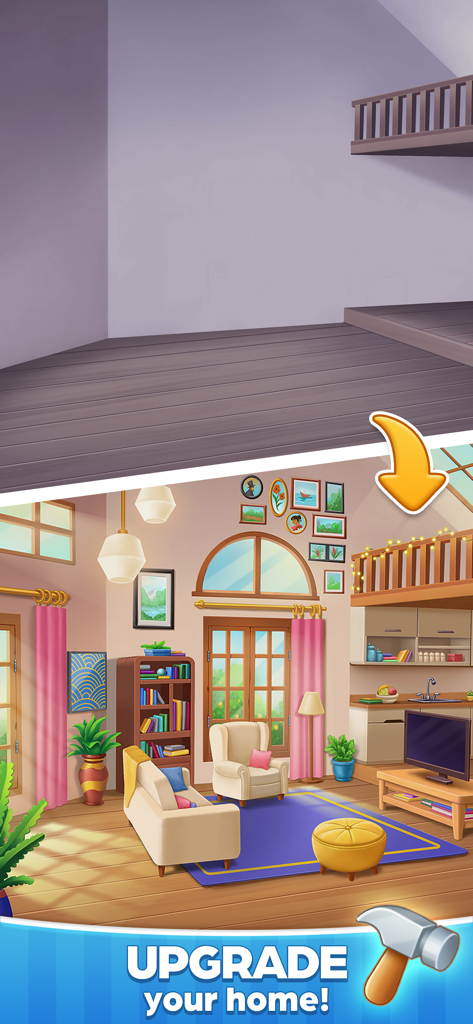 Comparaison avant et après d'une rénovation de pièce montrant un grenier vide transformé en un salon confortable meublé