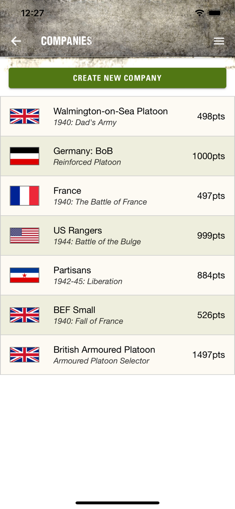 A screen within the Warlord Games List Builder app showing several saved army companies with their point values and national flags.