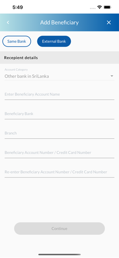 MCB Sri Lanka Mobile Banking - MCBスリランカ モバイルバンキングの受益者追加画面