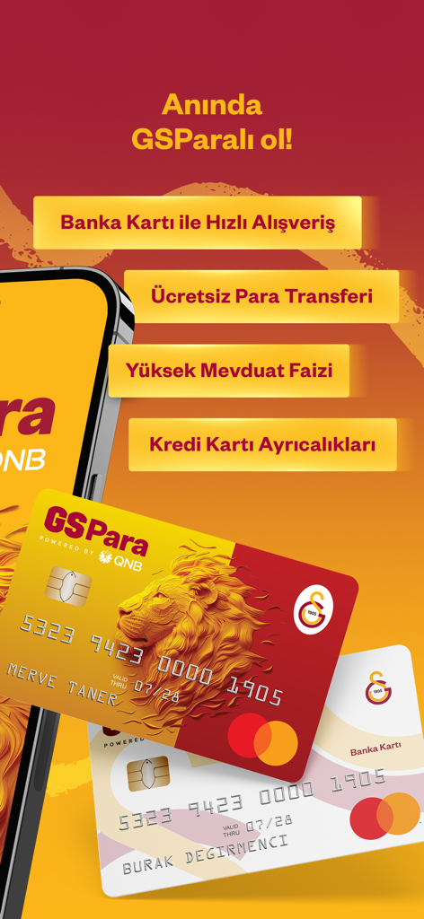 GSPara - Aplicación móvil GSPara que muestra tarjetas bancarias de marca Galatasaray y funciones financieras