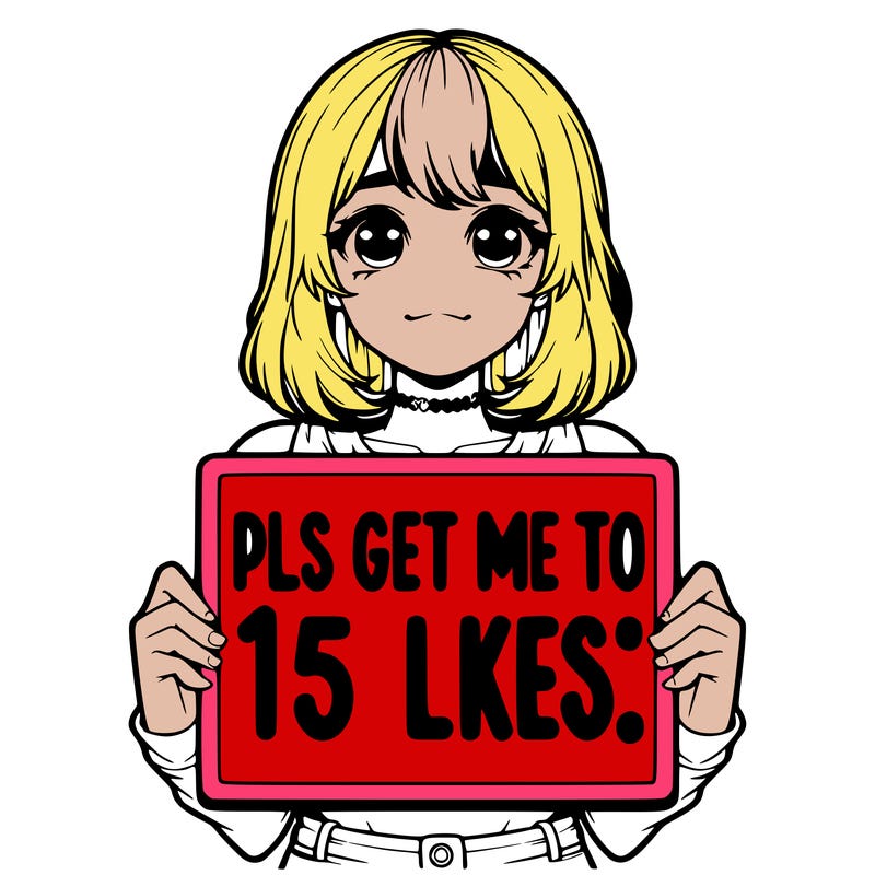 realistic girl holding up a sign that says “pls get me to 15 likes!”