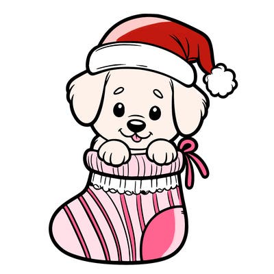 cute puppy wearing santa hat in socking