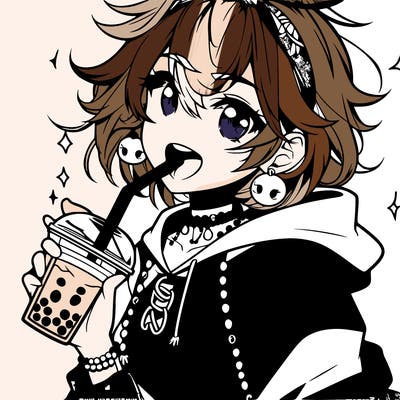 hot baddie anime girl drinking boba and biting the straw