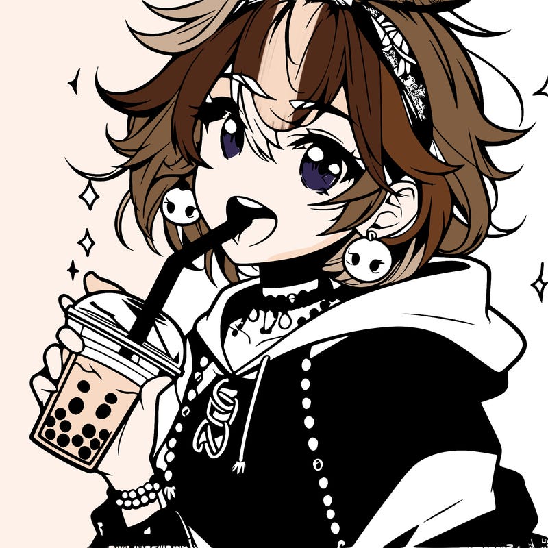 hot baddie anime girl drinking boba and biting the straw