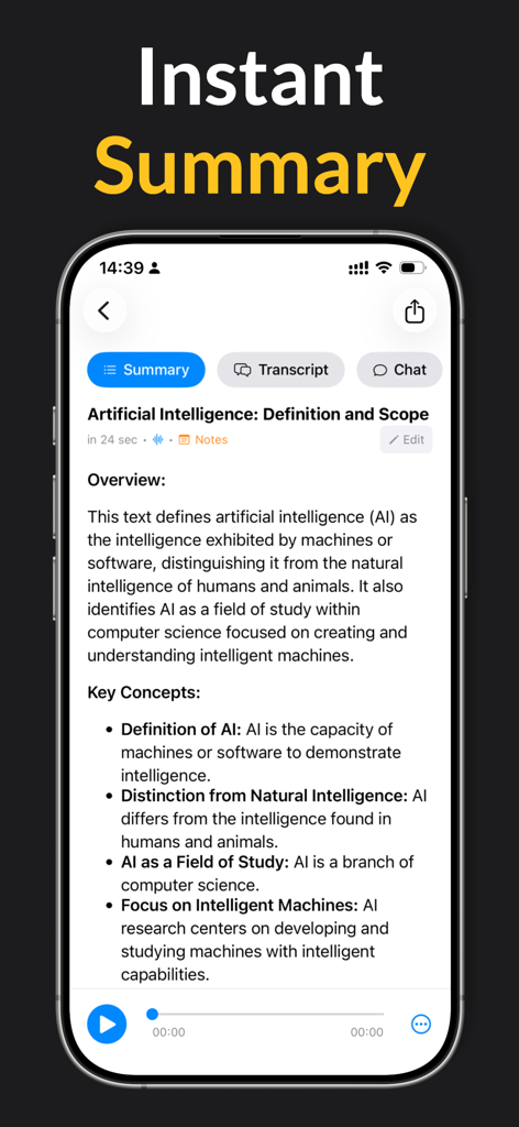 Fast RekapアプリがiPhone上で会議文字起こしの即時AI生成要約を表示しています。