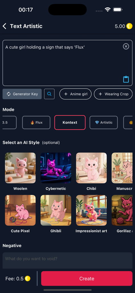 AI Artistic: Wan Video - Interface do aplicativo AI Artistic mostrando uma caixa de prompt de texto e várias opções de estilo de IA para geração de imagem.