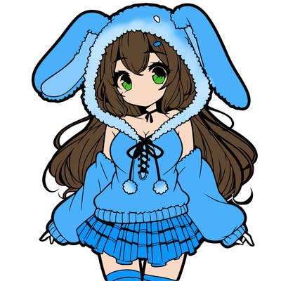 pretty anime girl wearing a fluffy hoodie with bunny ears on the hood and a skirt