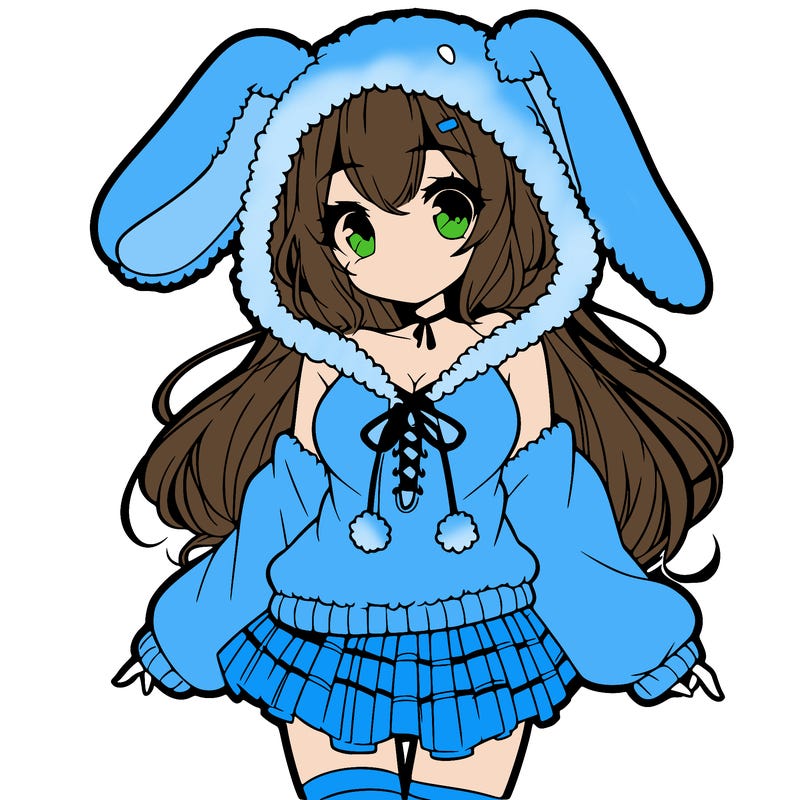 pretty anime girl wearing a fluffy hoodie with bunny ears on the hood and a skirt
