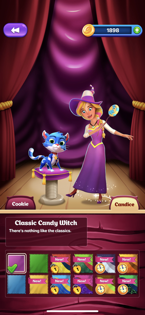 Crafty Candy - Candice the witch and her cat Cookie in the Witch's Wardrobe outfit customization screen