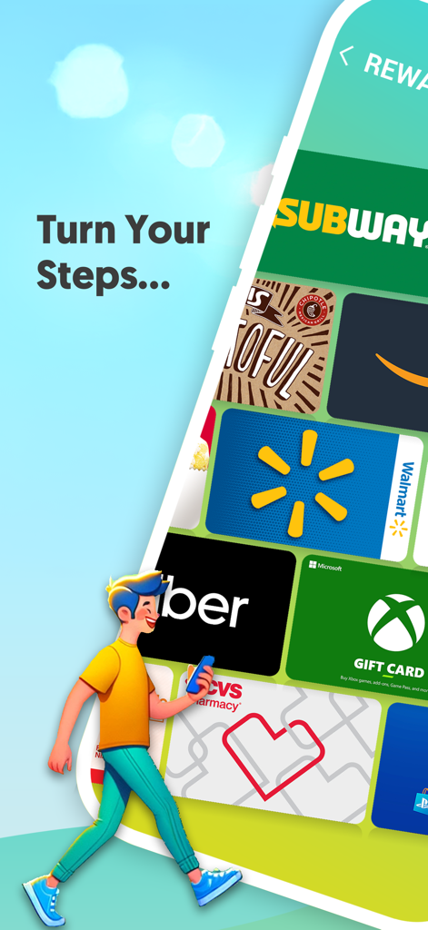 Winwalk - Get Paid To Walk - Winwalkアプリのインターフェース。歩数で獲得した小売ギフトカードの報酬が表示されています。