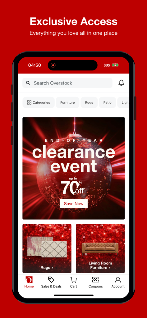 Overstock - Overstock mobile app home screen showing a clearance sale event with discounts on furniture and rugs