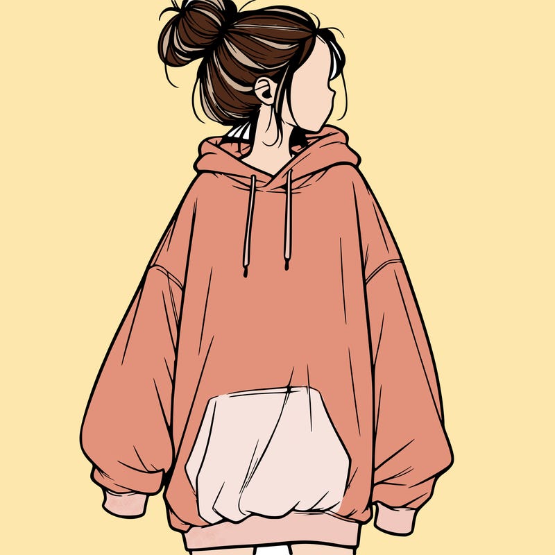 realistic girl with a oversized sweatshirt on and a bun