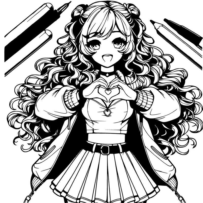 realistic girl with long curly hair wearing jacket with short anime skirt doing heart with hands 🫶