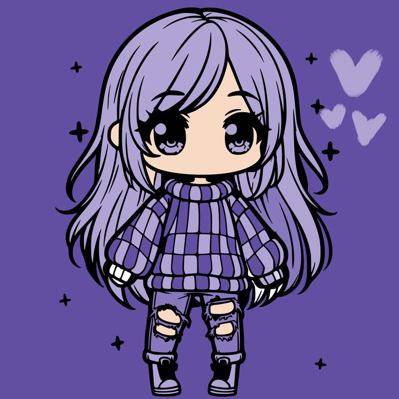 chibi girl with ripped jeans,long hair, and an oversized sweater