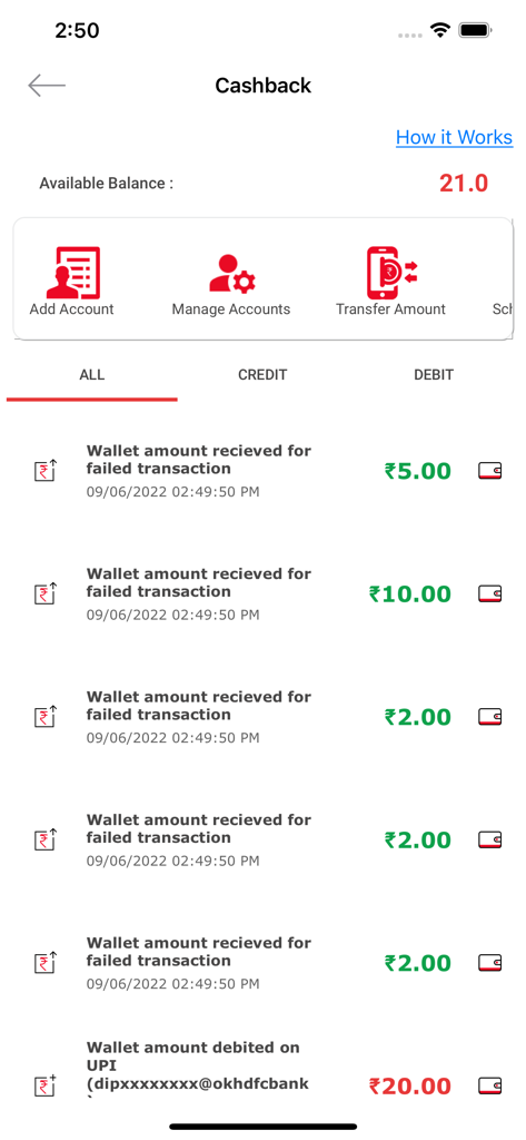 Cashback screen in Dhan Barse app showing transaction history and available balance