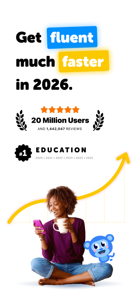 Falou - Fast language learning - A woman using the Falou language app with text showing its number one education ranking and twenty million users.