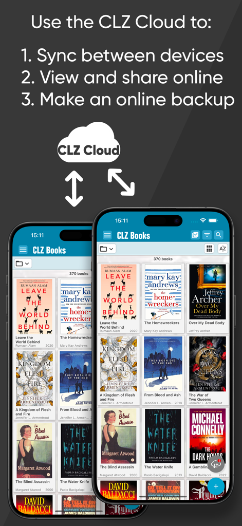 CLZ Books - library organizer - CLZ Books app showing cloud features for syncing between devices and making online backups.