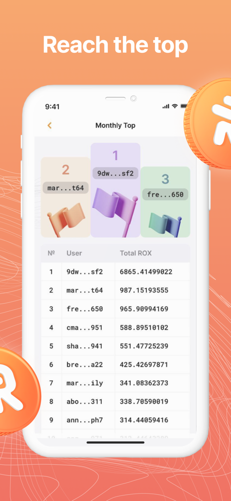 Robox Network - Earn Crypto - Monthly top rankings and total ROX tokens earned by users in the app