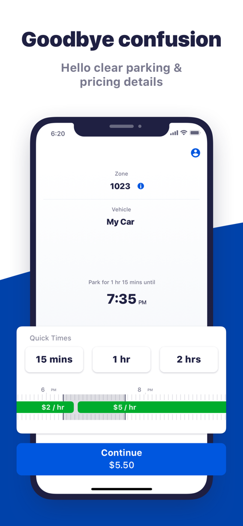 ParkByApp - Interface mobile de ParkByApp affichant des détails clairs sur le stationnement et les tarifs avec la durée de la session et le coût total
