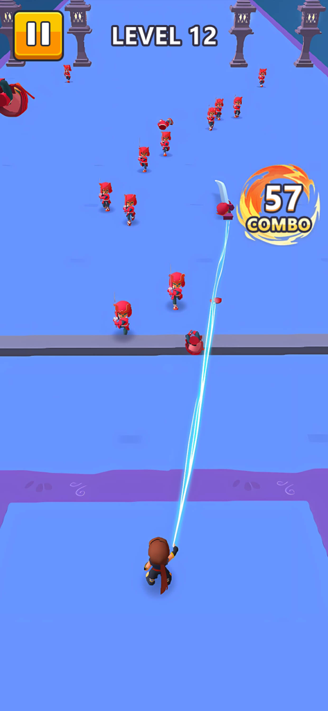 Blade Force 3D - A samurai character using a blue energy blade to defeat red soldier enemies in a 3D level.