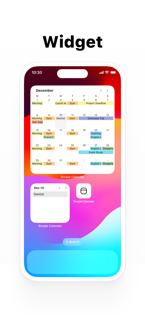 Tela inicial do iPhone exibindo widgets de calendário mensal e diário minimalistas