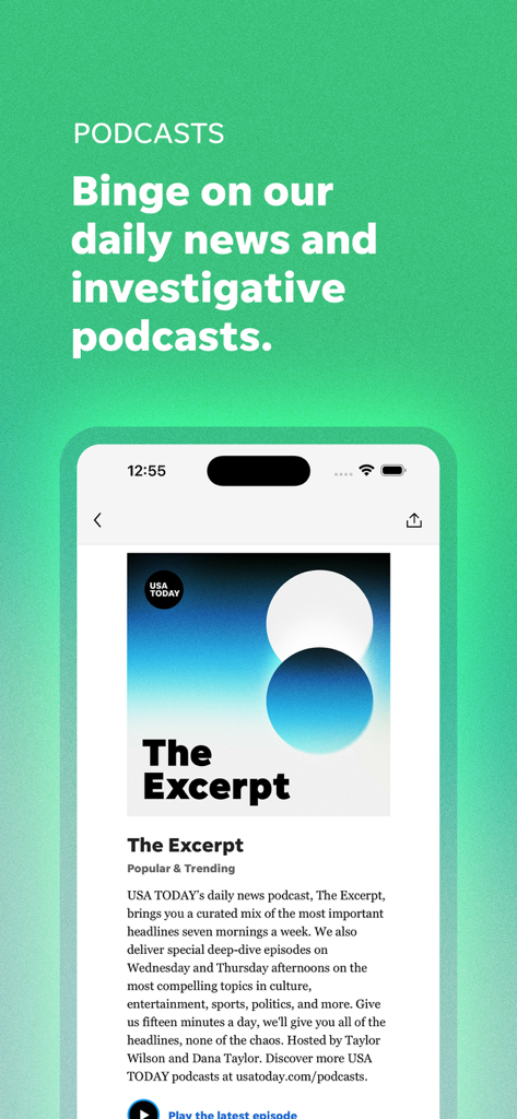 USA TODAY: US & Breaking News - USA TODAYアプリのポッドキャスト画面。The Excerpt（毎日のニュースポッドキャスト）が特集されています。