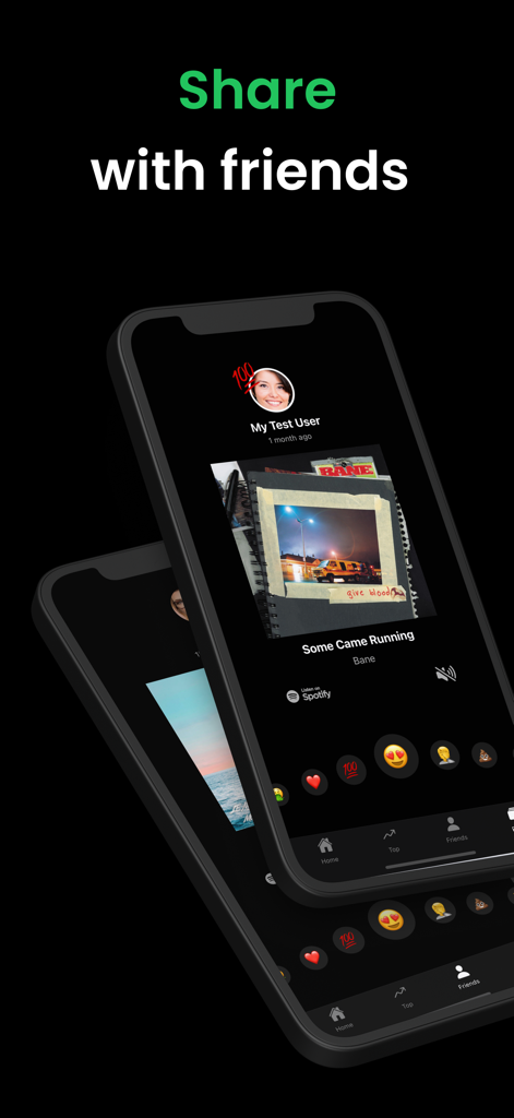 Receiptifyアプリのインターフェース。ユーザーがトップソングや音楽統計を投稿できる友達との共有機能が表示されています。