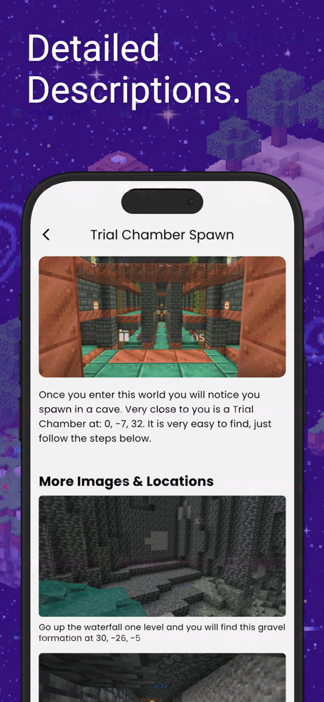 A mobile app screen showing detailed Minecraft seed descriptions including trial chamber coordinates and preview images