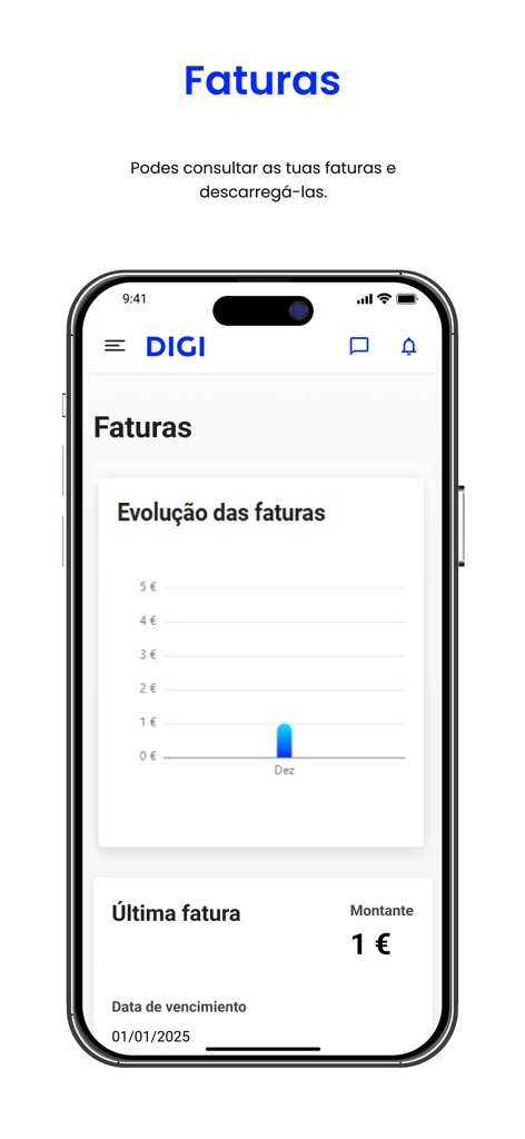 My DIGI - Interface of the My DIGI app showing invoice evolution and billing details