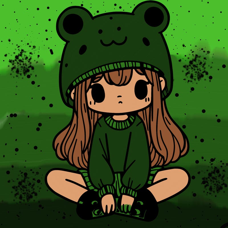 a girl wearing a frog hat and some frog socks