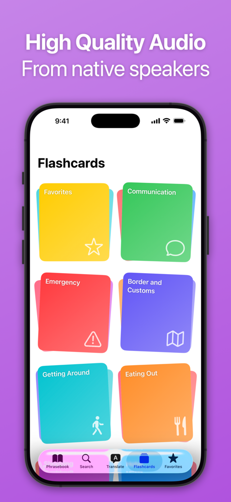 SpeakEasy French: Phrasebook - SpeakEasy French app flashcards screen showing categories like communication emergency and eating out