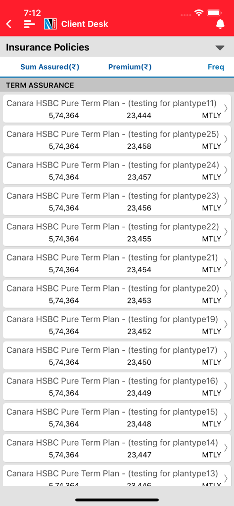 NJ Client Desk - NJ Client Desk mobile app screen displaying a list of term assurance insurance policies with sum assured and premium amounts