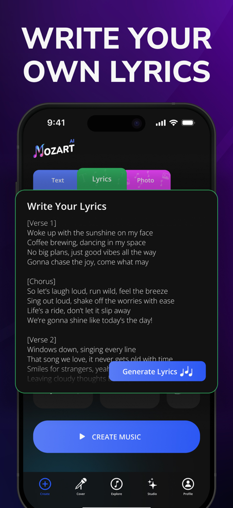 Interfaz de usuario de la aplicación Mozart AI que muestra la generación de letras y la función de composición de canciones.