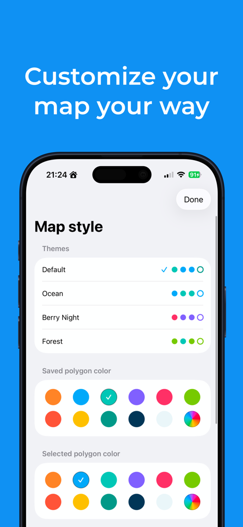 Been Atlas - Travel Map - Oberfläche der Been Atlas App, die Kartenstil-Themen und Farb-Anpassungsoptionen zeigt