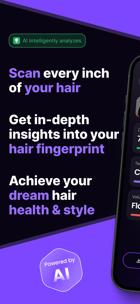 Promotional screen for Hair Snap app highlighting AI powered hair scanning and health insights
