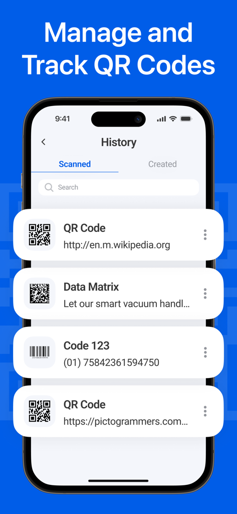 Your QR Code & Barcode Scanner - Una pantalla de smartphone que muestra una lista del historial de códigos QR y códigos de barras escaneados dentro de la aplicación