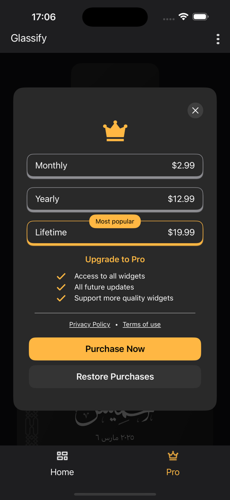 Subscription screen for Glassify app showing premium plan options