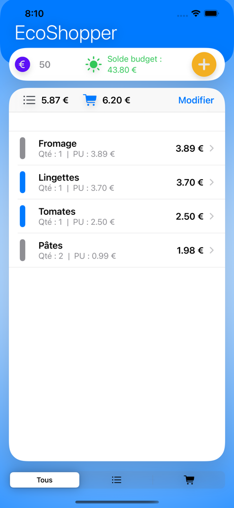 EcoShopper - Interface of EcoShopper app displaying a grocery list with prices and real-time budget tracking