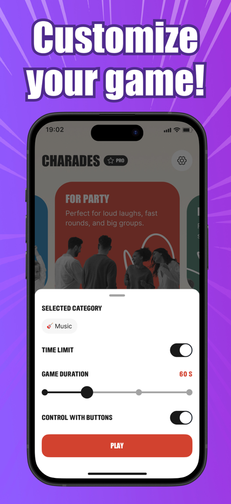 Charades: Party & Group Games - Interfaz de la aplicación Charades que muestra opciones para personalizar la configuración del juego, como el límite de tiempo de la categoría y la duración