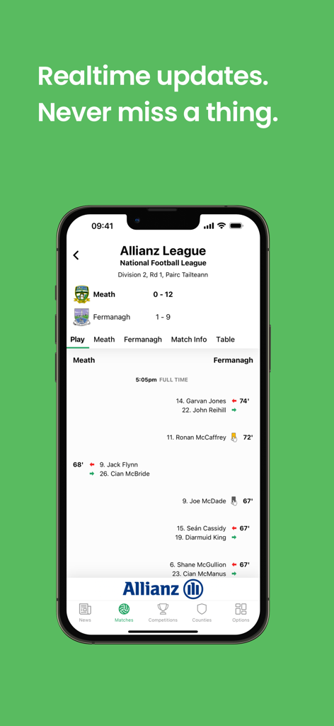 Score Beo - Score Beoアプリにゲーリックフットボールのライブ試合スコアとプレイヤーのアップデートが表示されています