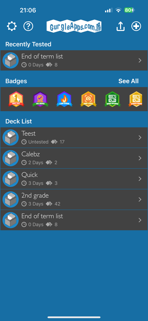 Spelling Test Flashcards app dashboard showing earned reward badges and a list of study decks