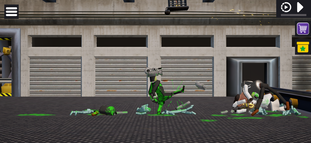 A 3D physics simulation scene in Last Play Ragdoll Sandbox with characters and green splatters in an industrial warehouse setting.